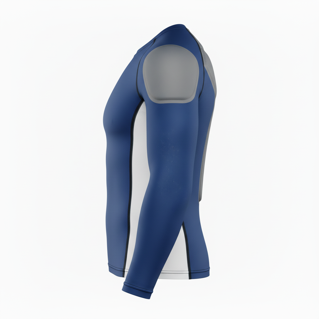 Side view of custom padded football compression shirt showing the four-way-stretch fit and pads