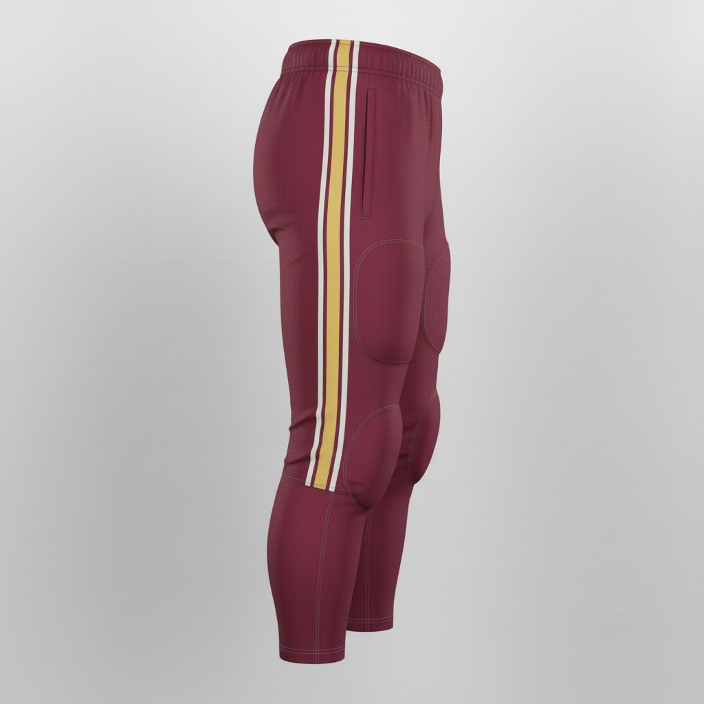 Front view of custom 7-pad football pants in a stretch shell with a removable pad set and sublimated side stripe from Empire Five Athletics