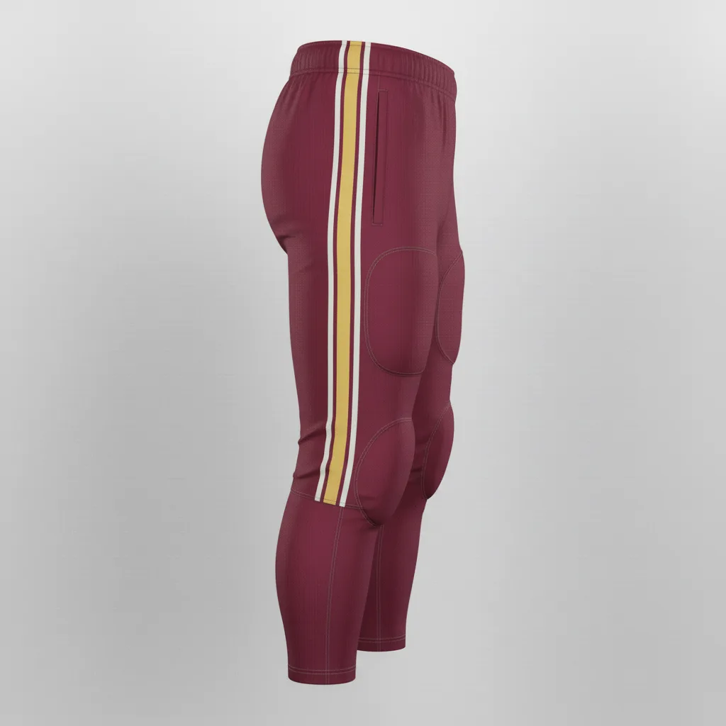 Front view of custom 7-pad football pants in a stretch shell with a removable pad set and sublimated side stripe from Empire Five Athletics