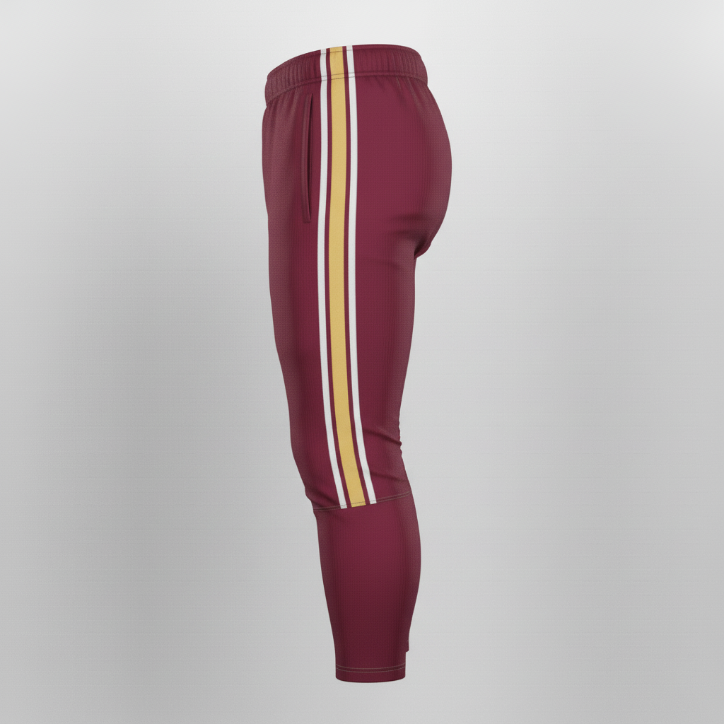 Side view of custom 7-pad football pants showing the hip, thigh, and knee pad pockets