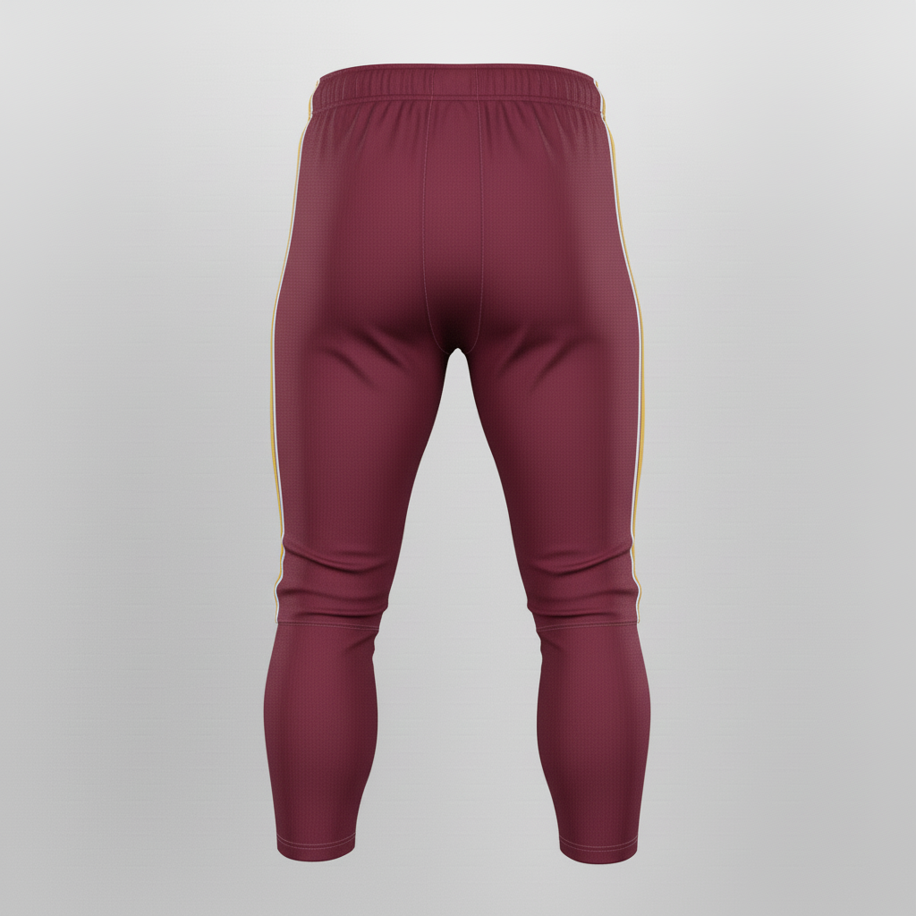 Back view of custom integrated-pad football pants showing the tailbone pad and seat