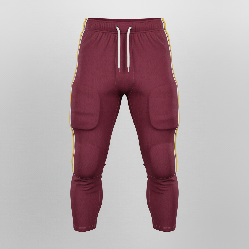 Front view of custom integrated-pad football pants in a stretch shell with seven sewn-in pads and a sublimated side stripe from Empire Five Athletics