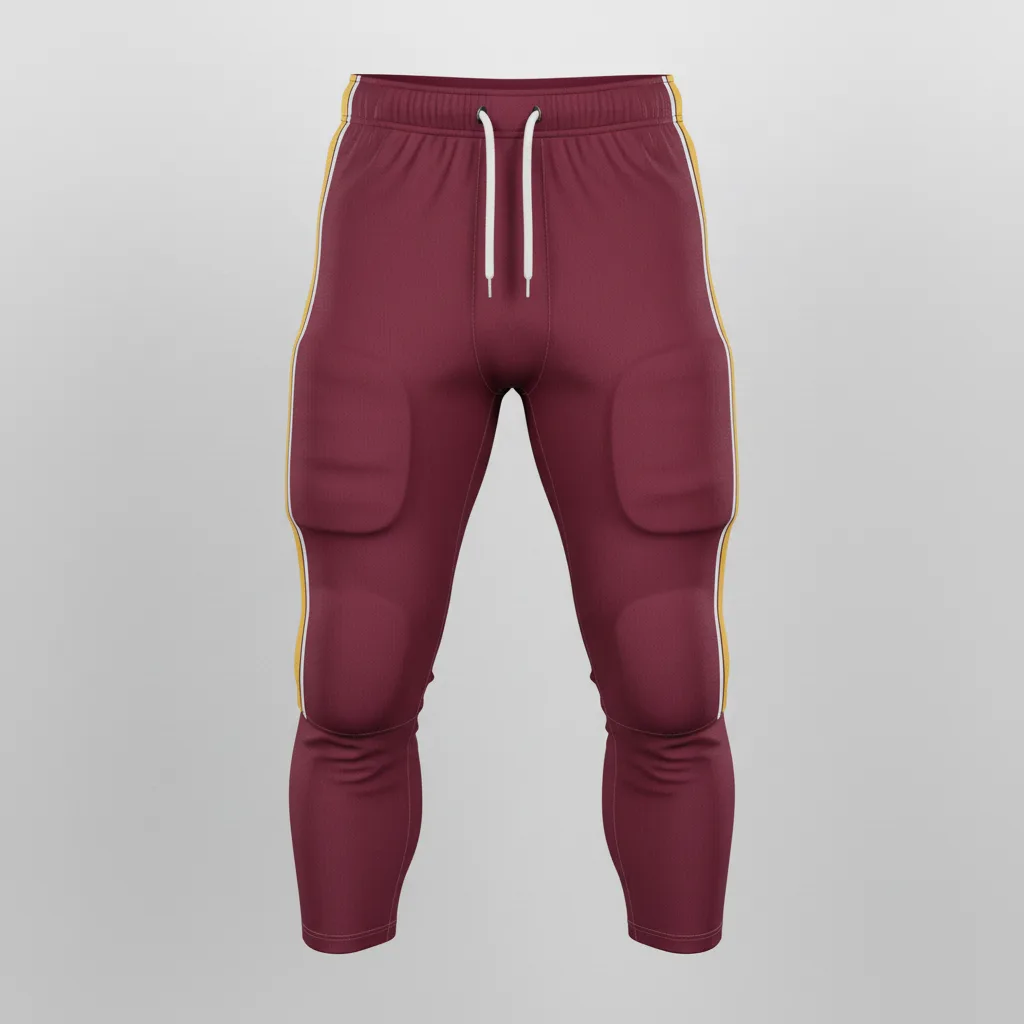 Front view of custom integrated-pad football pants in a stretch shell with seven sewn-in pads and a sublimated side stripe from Empire Five Athletics