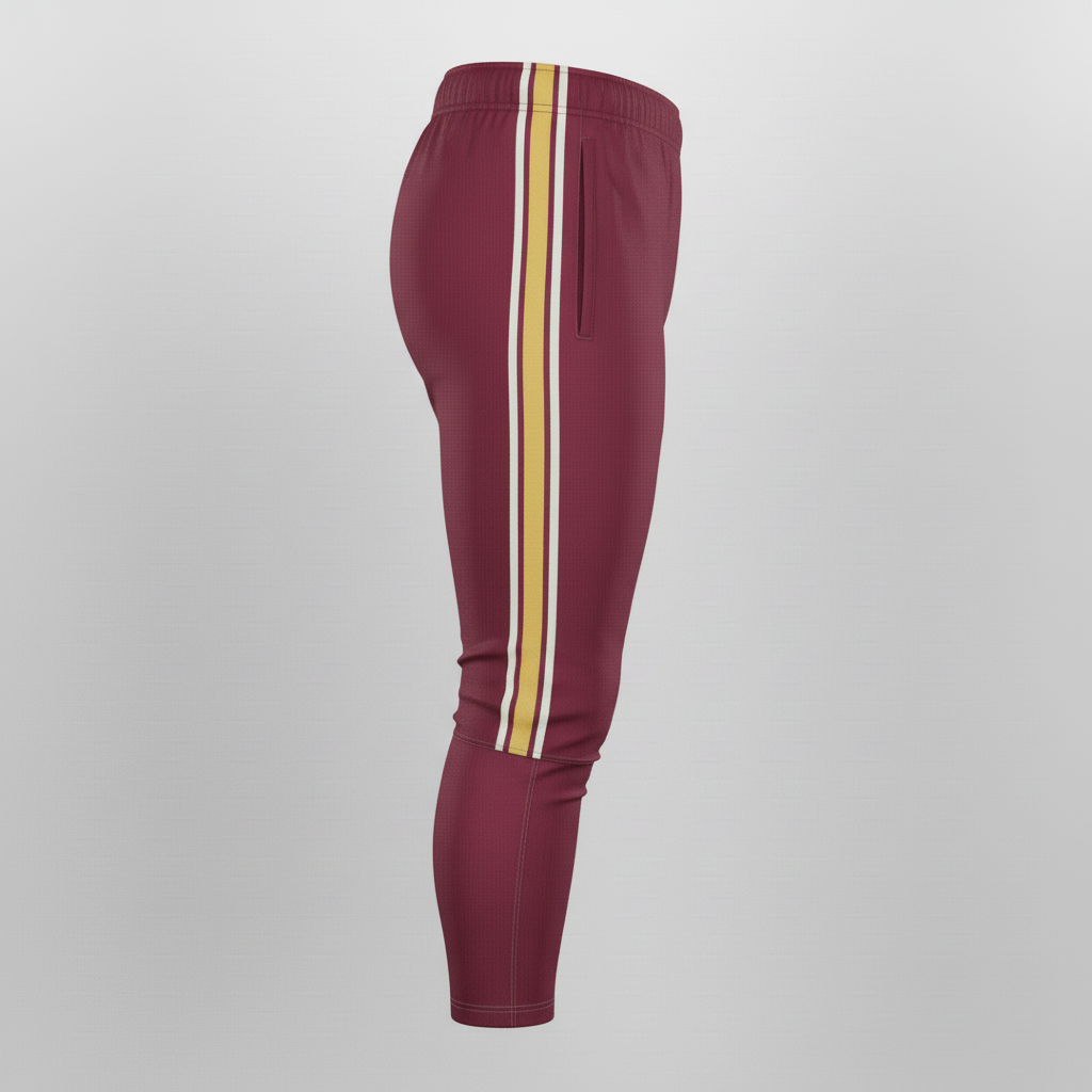 Side view of custom integrated-pad football pants showing the hip, thigh, and knee pads and side stripe