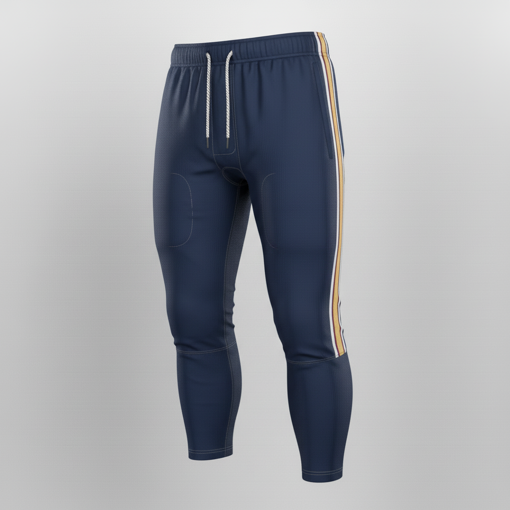 Front view of custom slotted football pants in a stretch shell with empty pad slots and a sublimated side stripe from Empire Five Athletics
