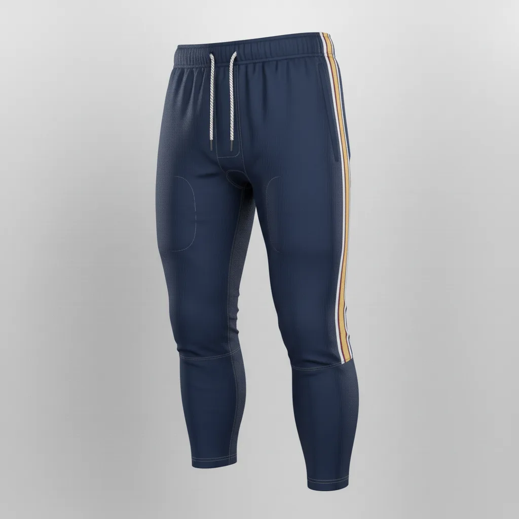 Front view of custom slotted football pants in a stretch shell with empty pad slots and a sublimated side stripe from Empire Five Athletics