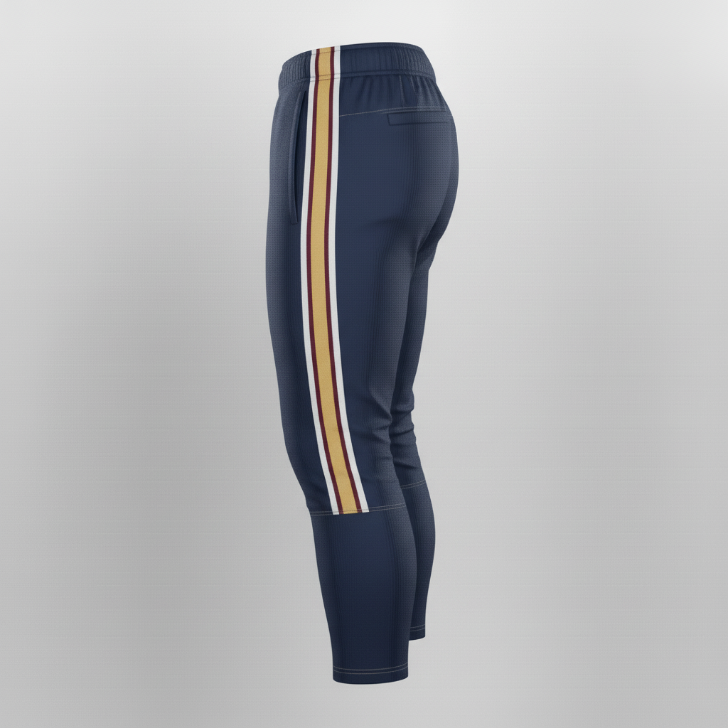 Side view of custom slotted football pants showing the hip, thigh, and knee slots and side stripe