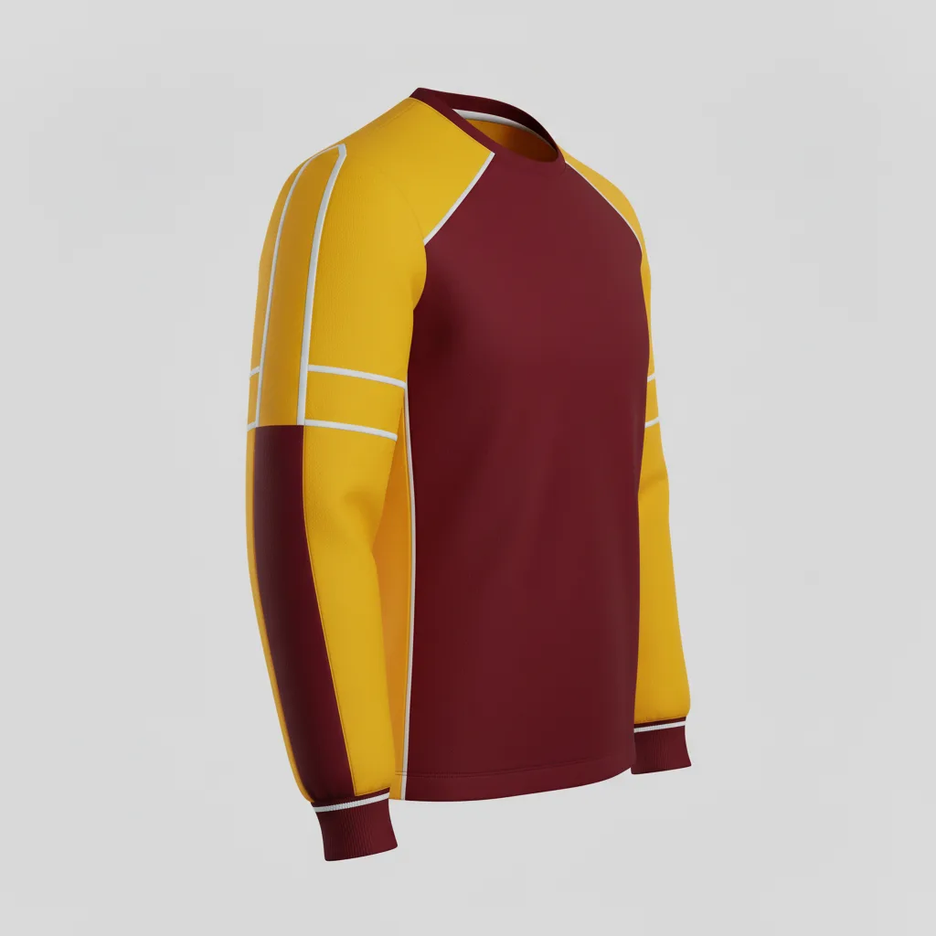 Front view of custom long-sleeve football performance tee in 150 GSM wicking poly with a regular fit and sublimated team colors from Empire Five Athletics