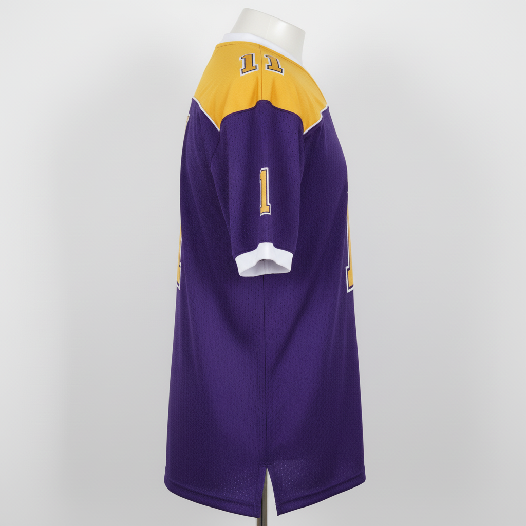 Side view of custom porthole practice football jersey showing the open mesh and reinforced seam