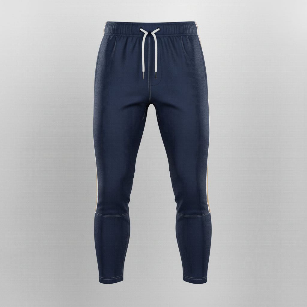 Front view of custom football practice pants in a durable stretch shell with pad slots and a team-color stripe from Empire Five Athletics