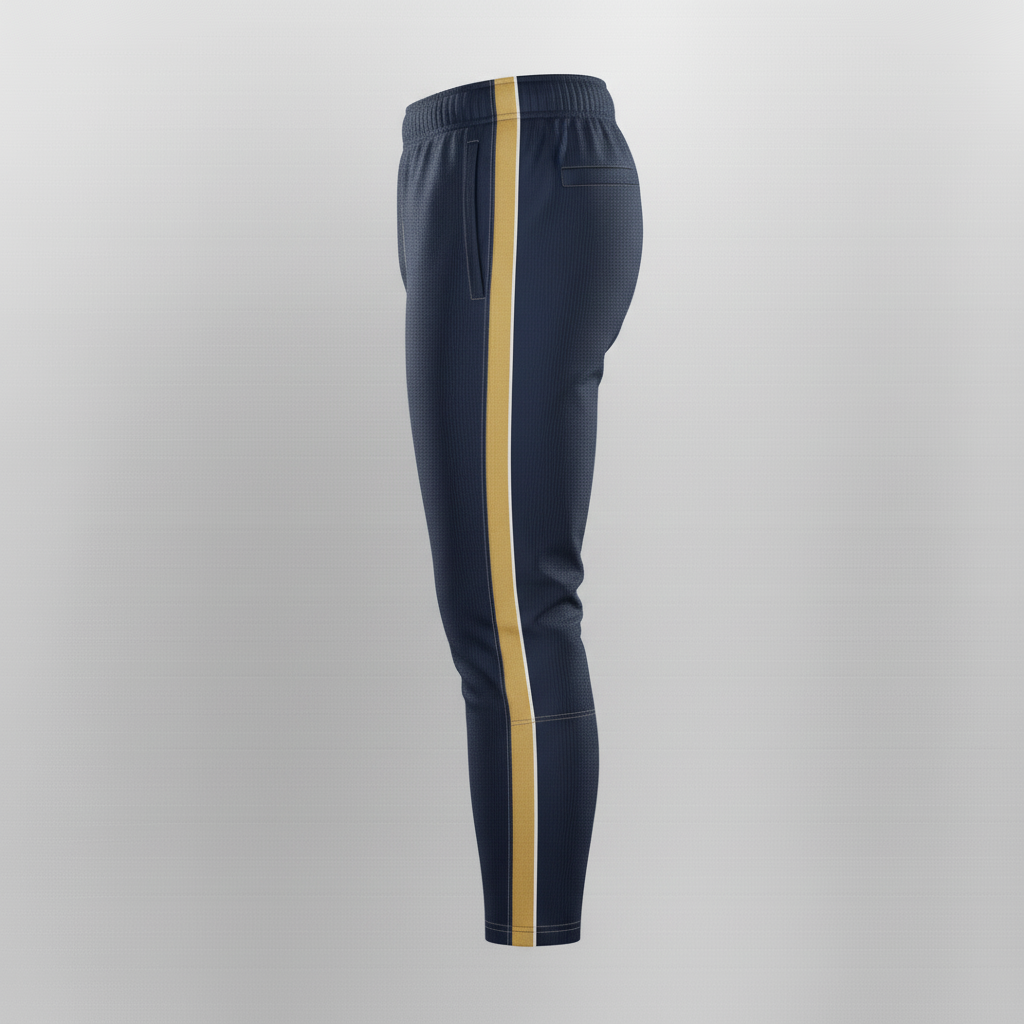 Side view of custom football practice pants showing the pad slots and side stripe