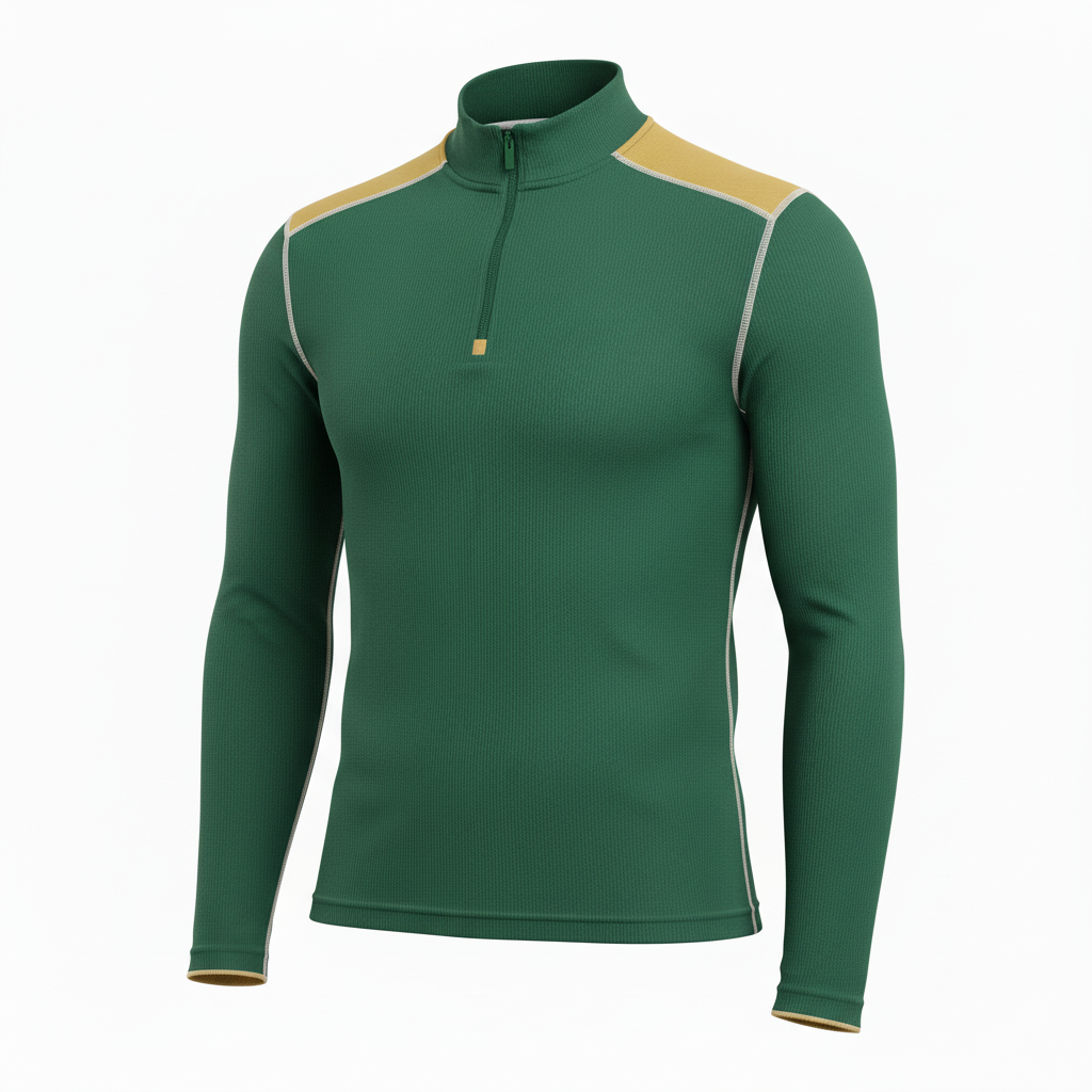 Front view of custom football quarter-zip pullover in 220 GSM performance poly with a stand collar and sublimated team colors from Empire Five Athletics