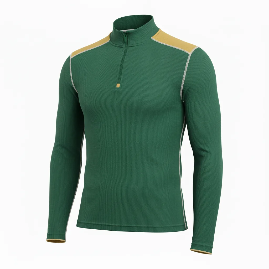 Front view of custom football quarter-zip pullover in 220 GSM performance poly with a stand collar and sublimated team colors from Empire Five Athletics
