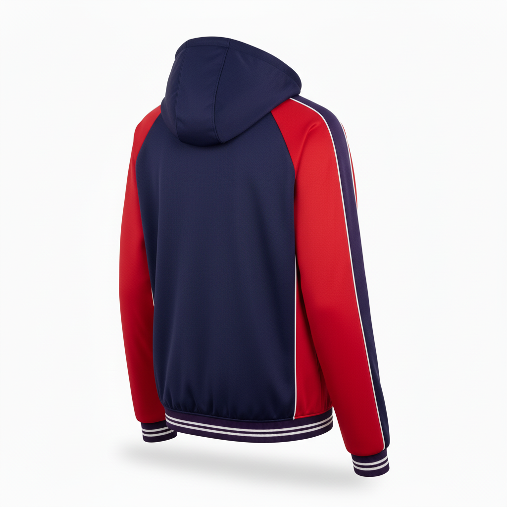 Back view of custom insulated football sideline jacket showing the embroidered team name and hood
