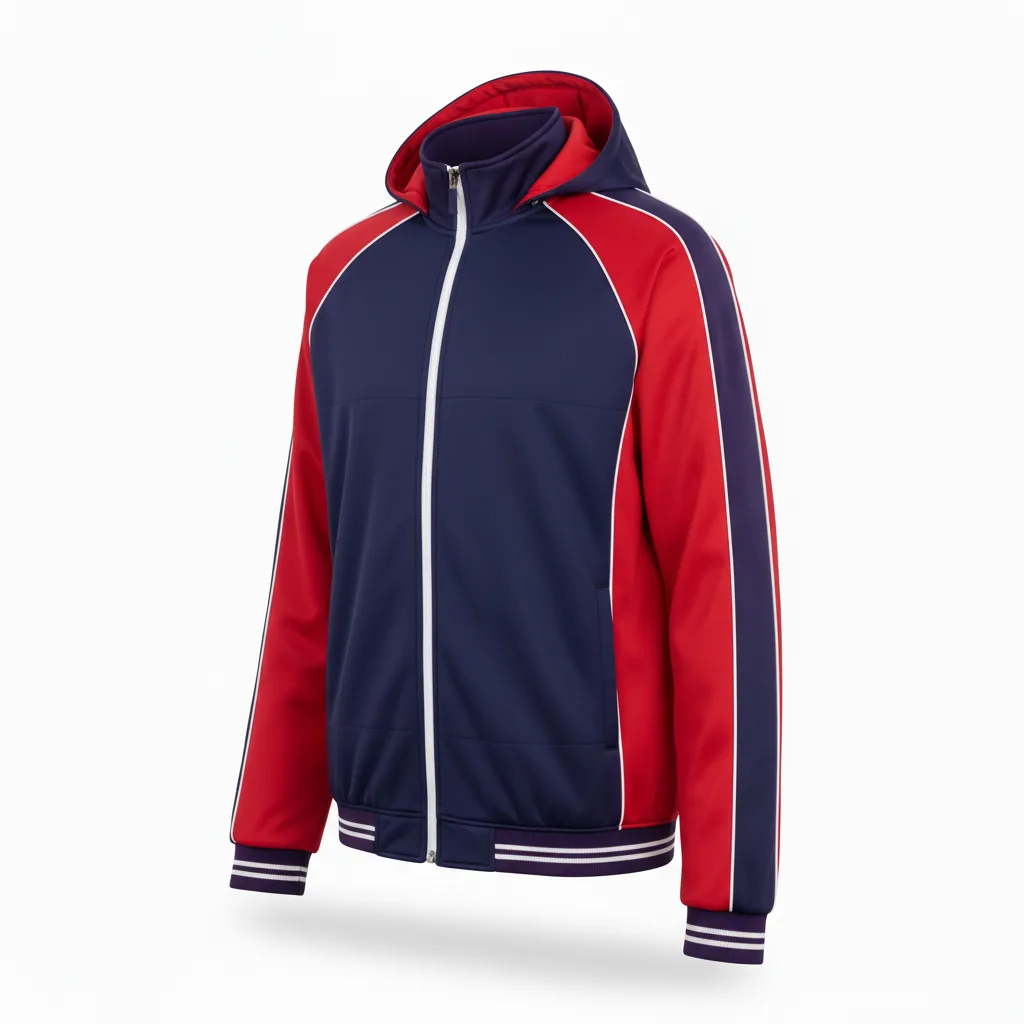 Front view of custom insulated football sideline jacket, a hip-length hooded water-resistant bench coat in team colors from Empire Five Athletics
