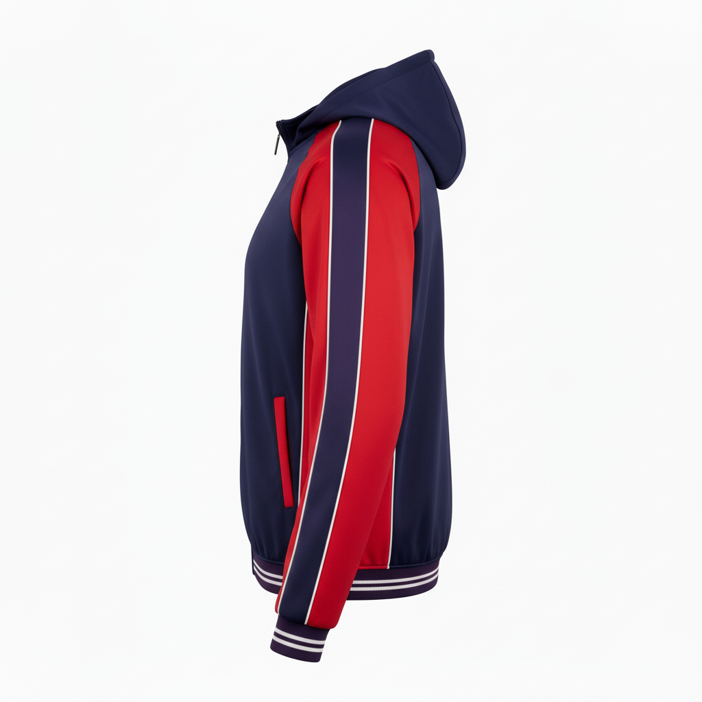 Side view of custom insulated football sideline jacket showing the hand-warmer pocket and quilting