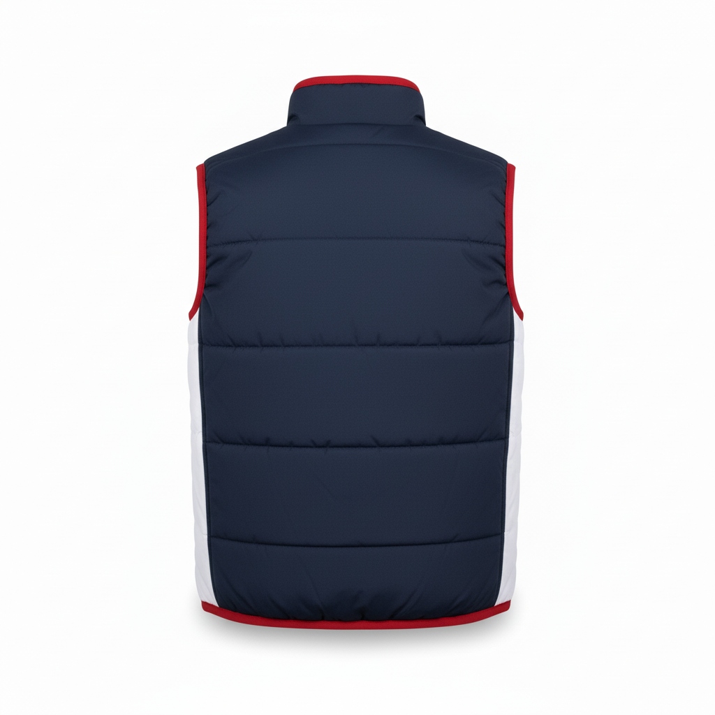 Back view of custom football sideline vest showing the embroidered team name