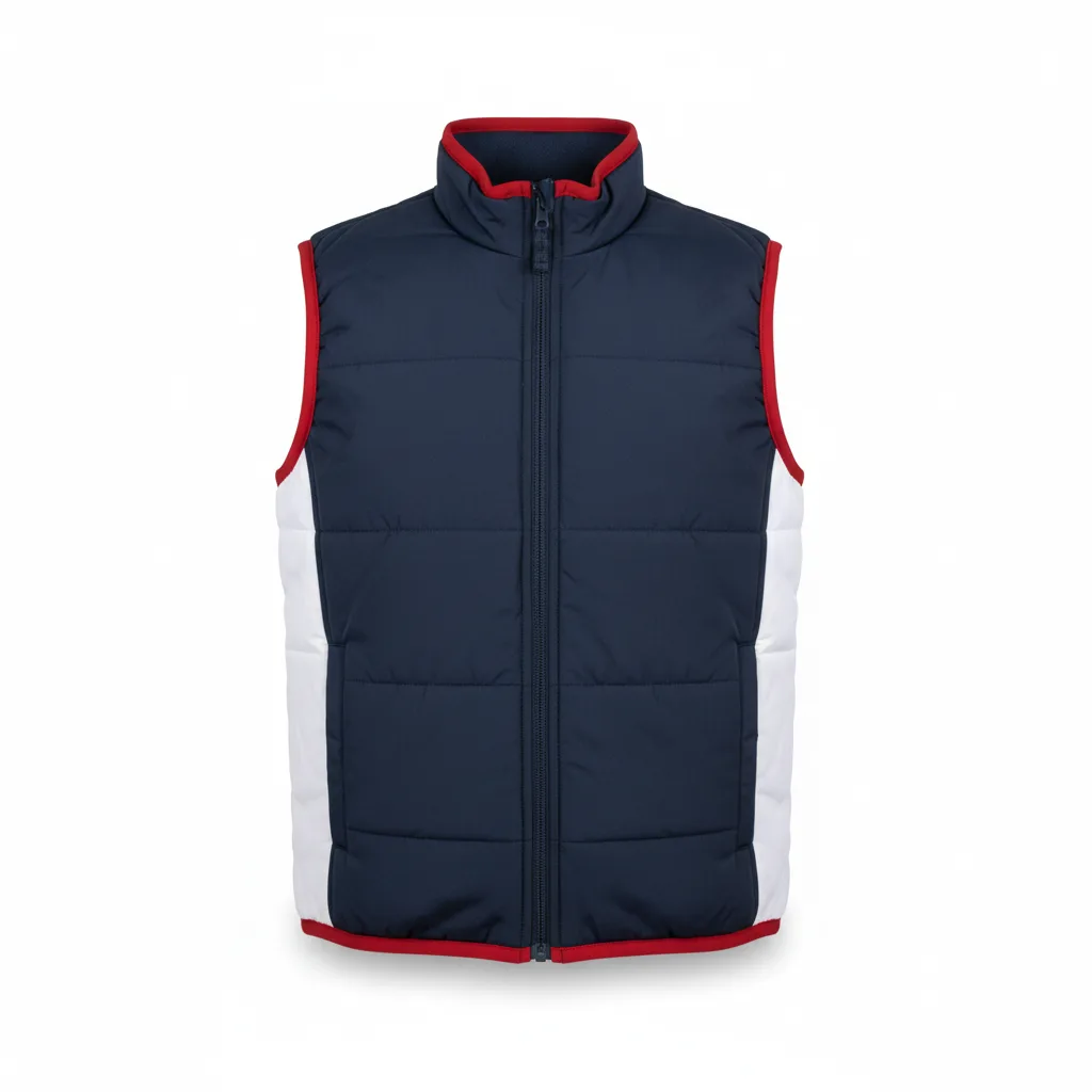 Front view of custom football sideline vest in polyester fleece with a full zip and embroidered team logo from Empire Five Athletics