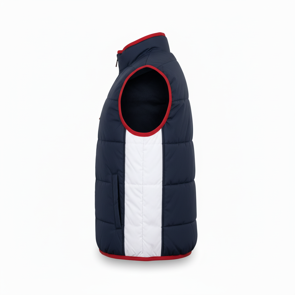 Side view of custom football sideline vest showing the bound armhole and zip pocket
