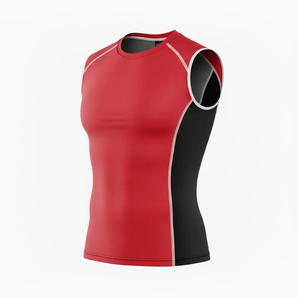 Front view of custom sleeveless football compression shirt in 200 GSM poly-spandex with open shoulders and sublimated team colors from Empire Five Athletics