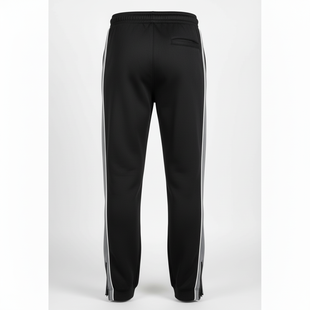 Back view of custom football sweatpants showing the ribbed drawcord waistband and pockets