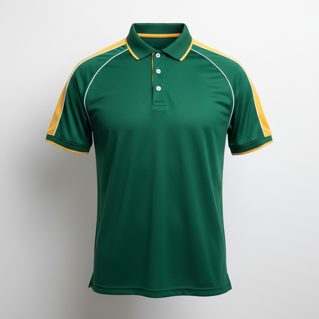 Front view of custom football tech polo in a lightweight 150 GSM performance knit with sublimated team colors from Empire Five Athletics