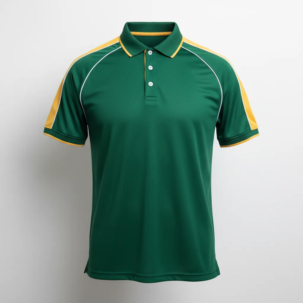 Front view of custom football tech polo in a lightweight 150 GSM performance knit with sublimated team colors from Empire Five Athletics