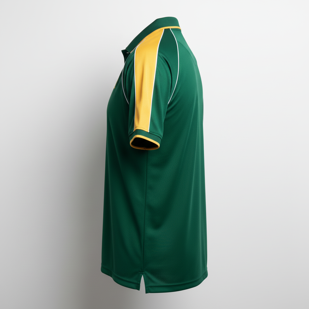 Side view of custom football tech polo showing the side vent and athletic fit