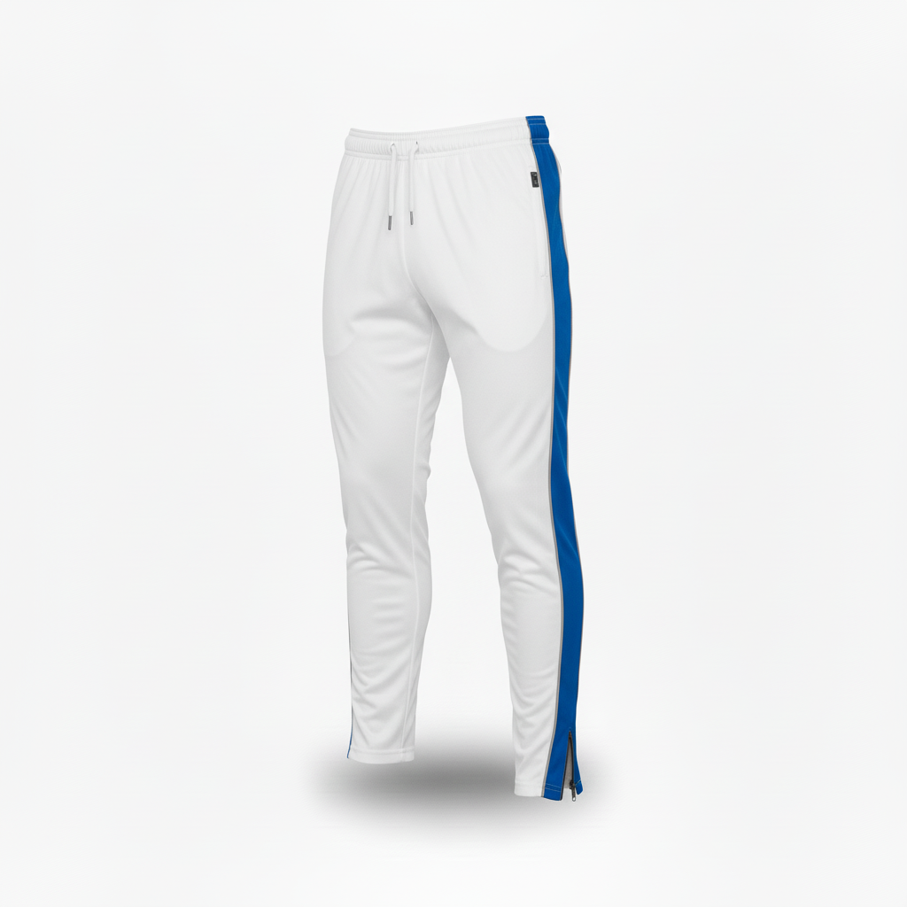 Front view of custom football training pants in 200 GSM stretch woven with a tapered fit and sublimated side panels from Empire Five Athletics