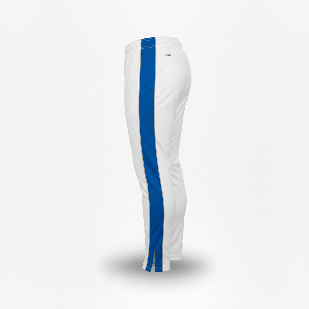 Side view of custom football training pants showing the zip ankle, pocket, and stripe
