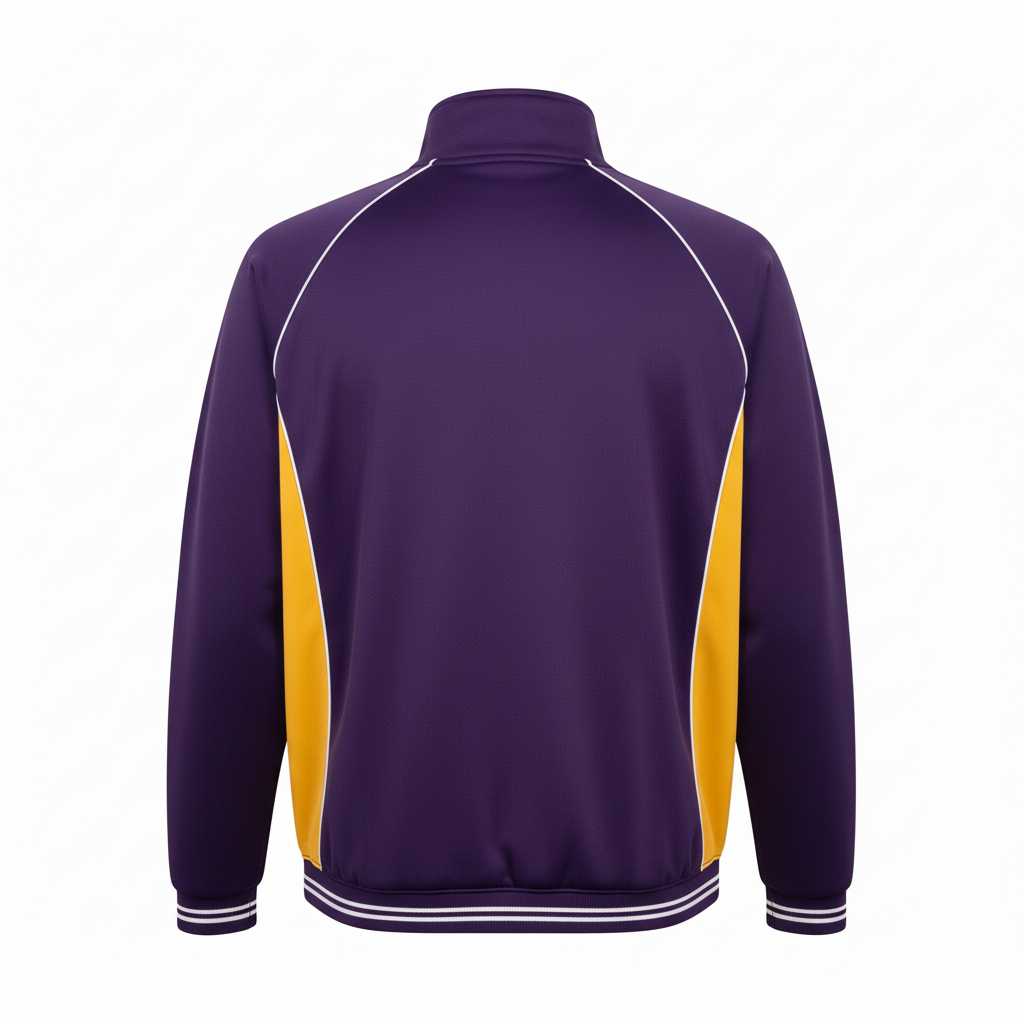 Back view of custom football warm-up jacket showing the sublimated team name