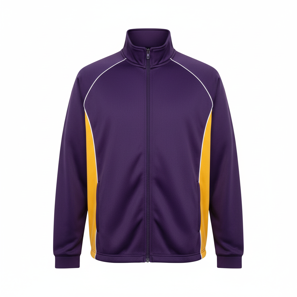 Front view of custom football warm-up jacket in 180 GSM brushed tricot with a full zip and sublimated panels from Empire Five Athletics