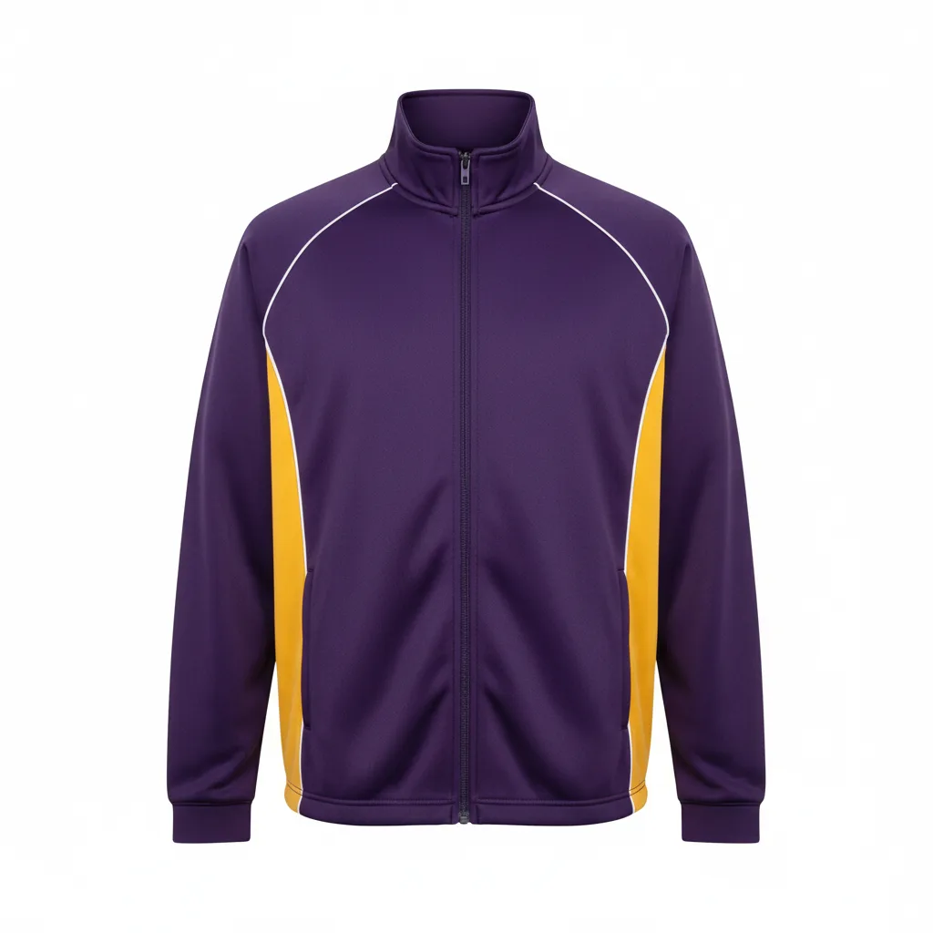 Front view of custom football warm-up jacket in 180 GSM brushed tricot with a full zip and sublimated panels from Empire Five Athletics
