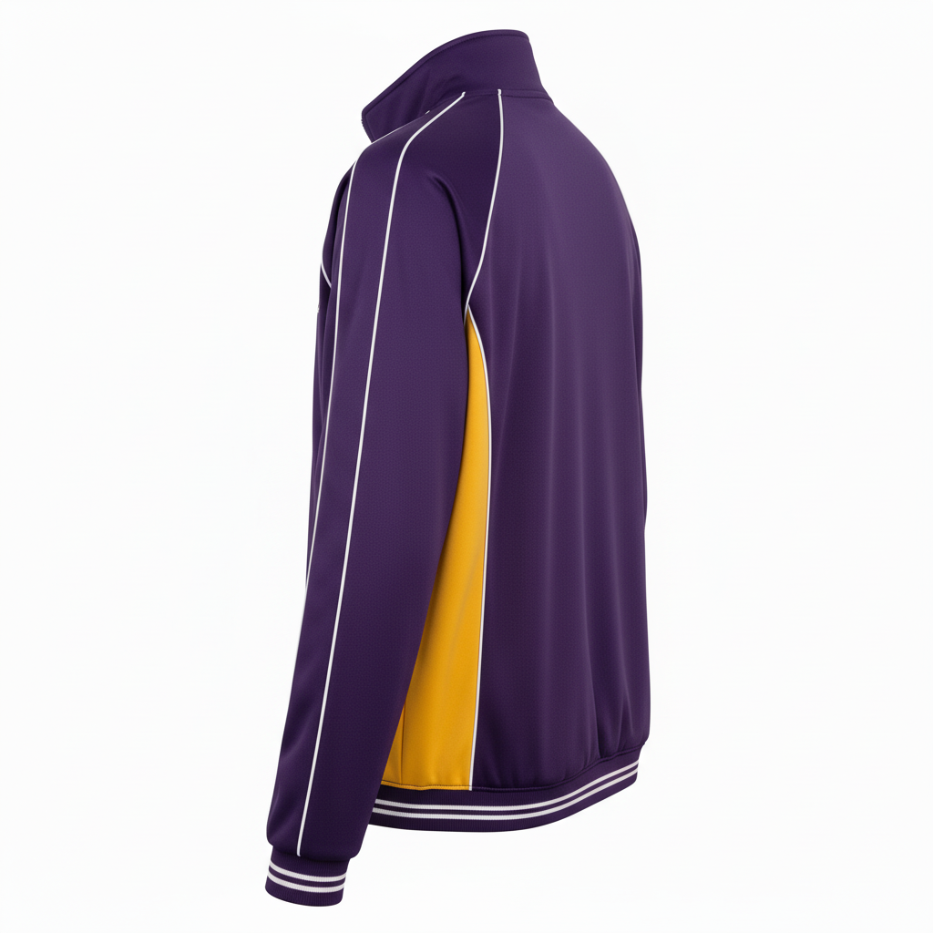 Side view of custom football warm-up jacket showing the zip pocket and collar
