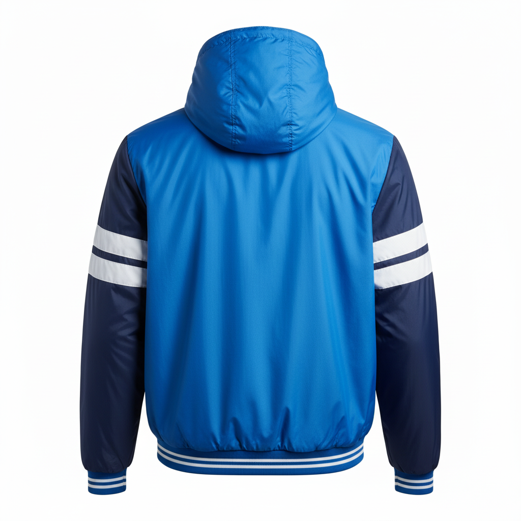 Back view of custom football windbreaker showing the sublimated team name