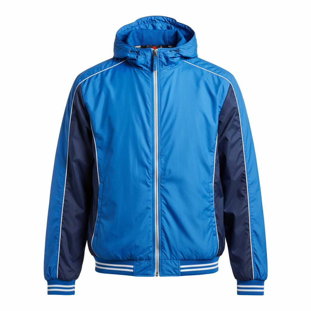 Front view of custom football windbreaker in a lightweight water-resistant shell with a full zip and sublimated team panels from Empire Five Athletics