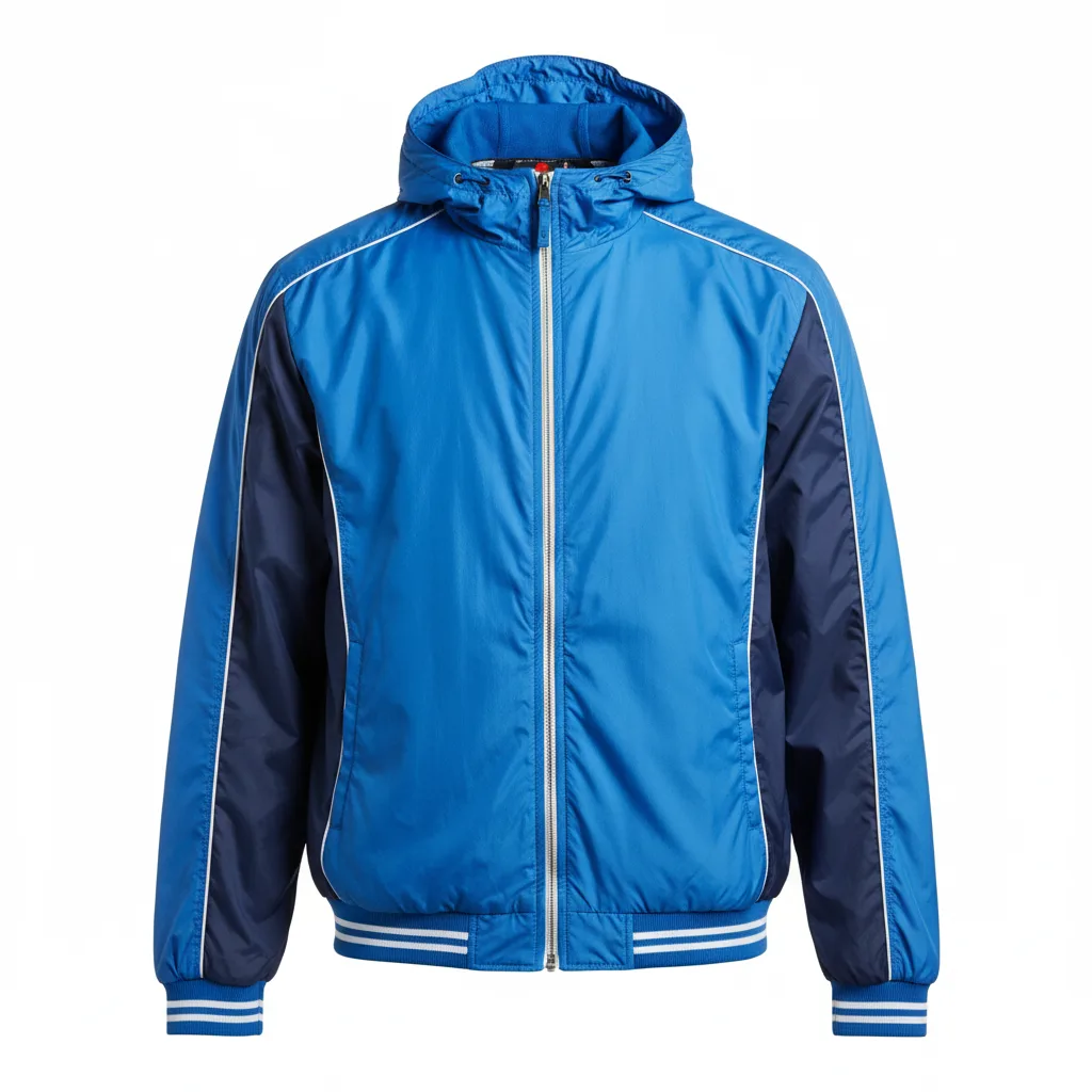 Front view of custom football windbreaker in a lightweight water-resistant shell with a full zip and sublimated team panels from Empire Five Athletics