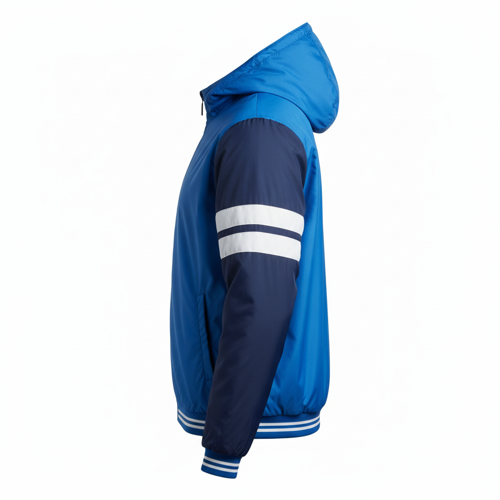 Side view of custom football windbreaker showing the zip pocket and stand collar