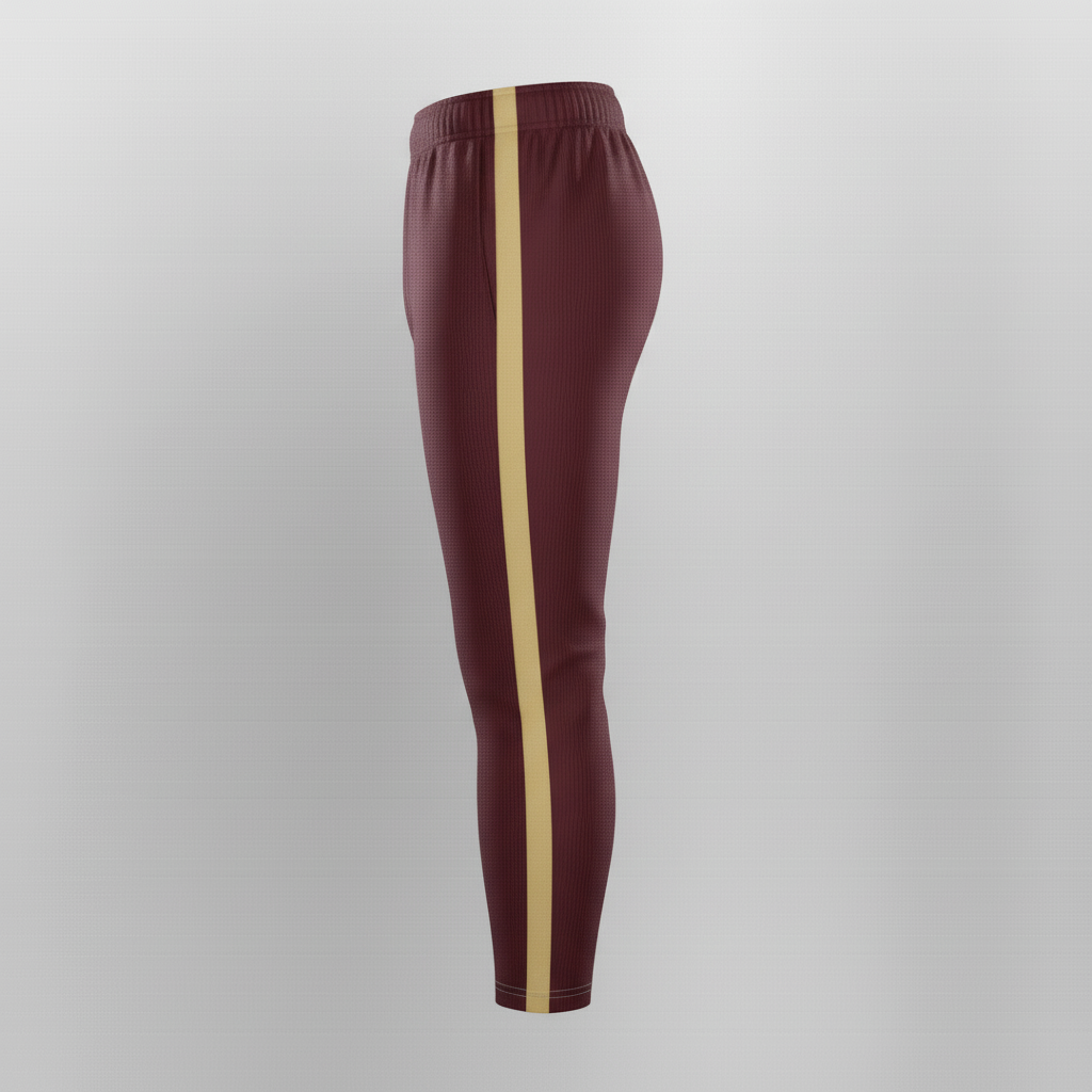 Side view of custom youth integrated-pad football pants showing the hip, thigh, and knee pads