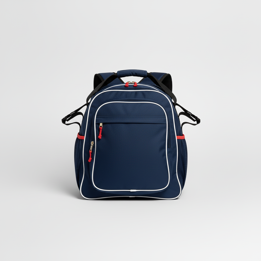 Front view of custom hockey backpack in heavy 600D woven polyester with full-panel sublimated team colors, logo, and external stick loops from Empire Five Athletics