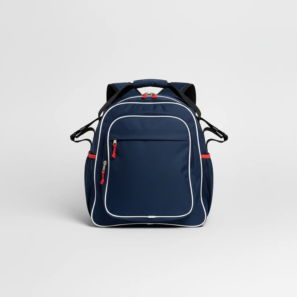 Front view of custom hockey backpack in heavy 600D woven polyester with full-panel sublimated team colors, logo, and external stick loops from Empire Five Athletics