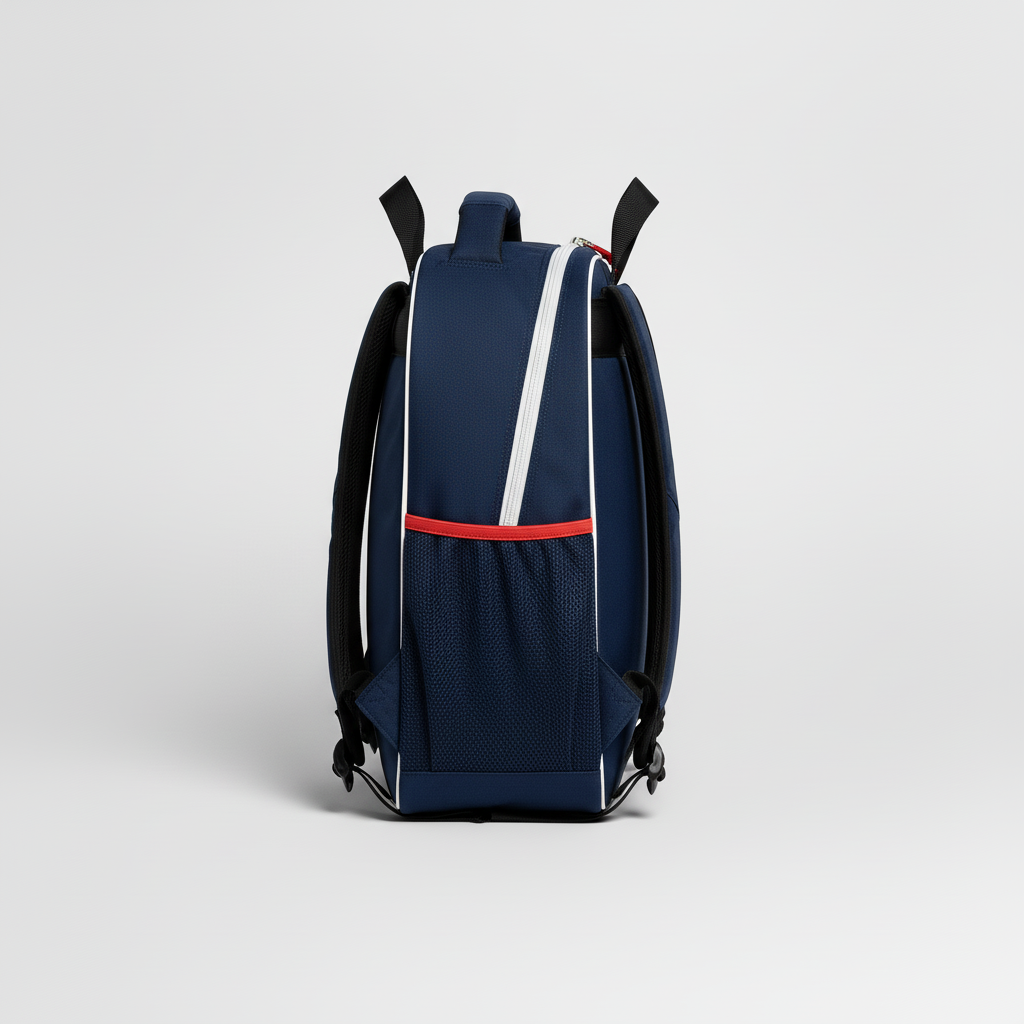 Side view of custom hockey backpack showing the vented skate pocket and stick loops