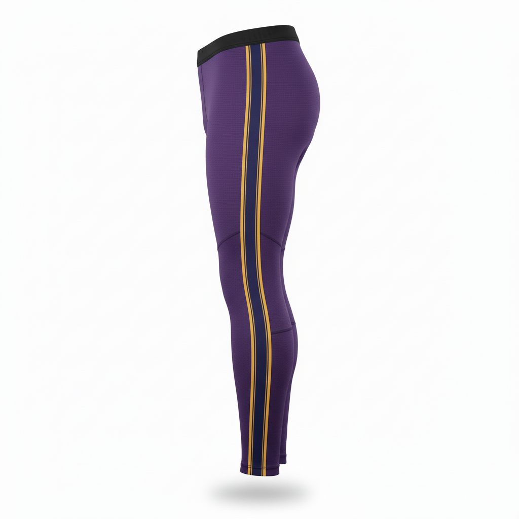 Side view of custom hockey base-layer bottom showing the four-way-stretch tights
