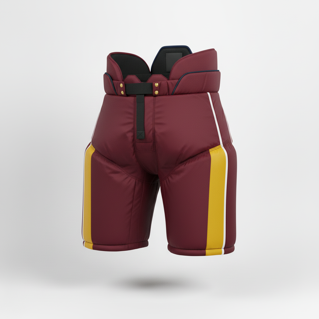Front view of custom hockey breezers, a team-color pant shell worn over the girdle, sublimated from Empire Five Athletics