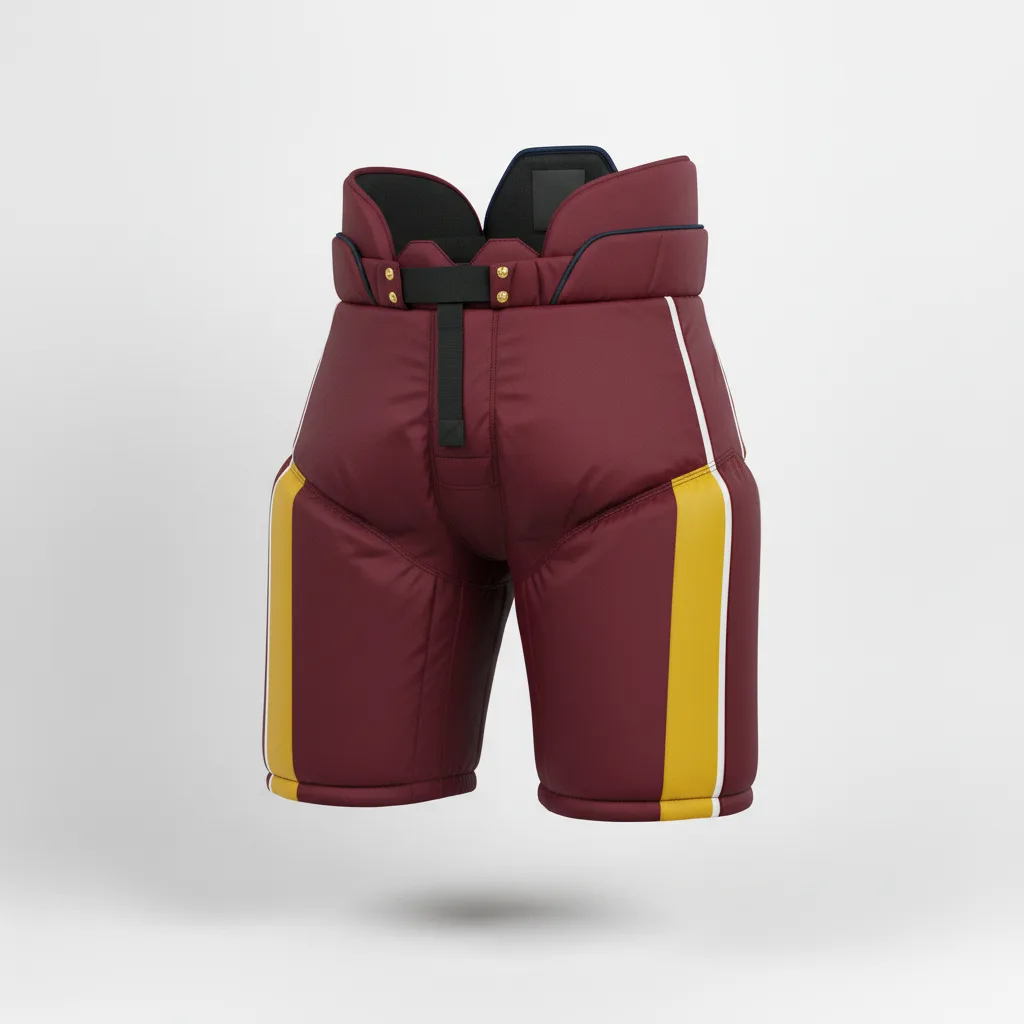 Front view of custom hockey breezers, a team-color pant shell worn over the girdle, sublimated from Empire Five Athletics