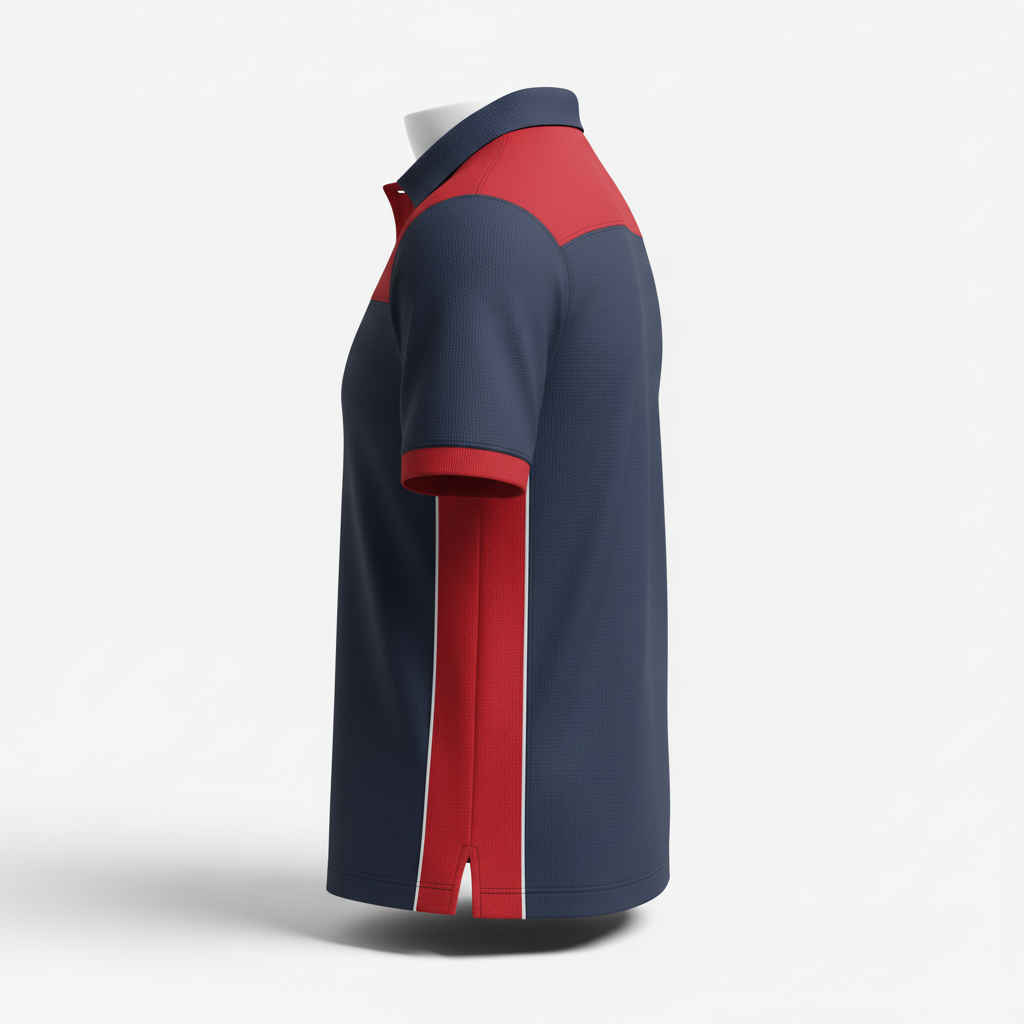 Side view of custom hockey coaches polo showing the side vent and sublimated panel