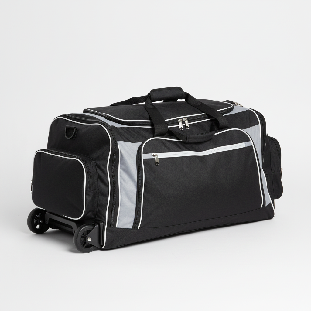 Front view of custom hockey equipment bag in heavy 600D woven polyester with full-panel sublimated team colors and logo from Empire Five Athletics