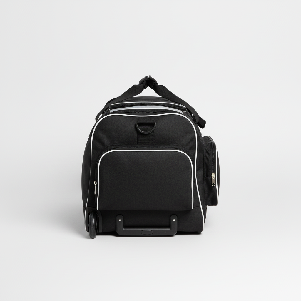 Side view of custom hockey equipment bag showing the vented main compartment and reinforced base