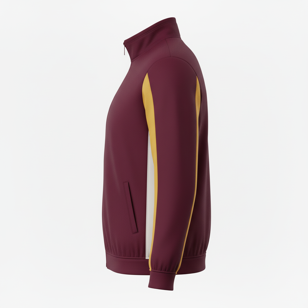 Side view of custom hockey fleece jacket showing the zip pocket and stand collar