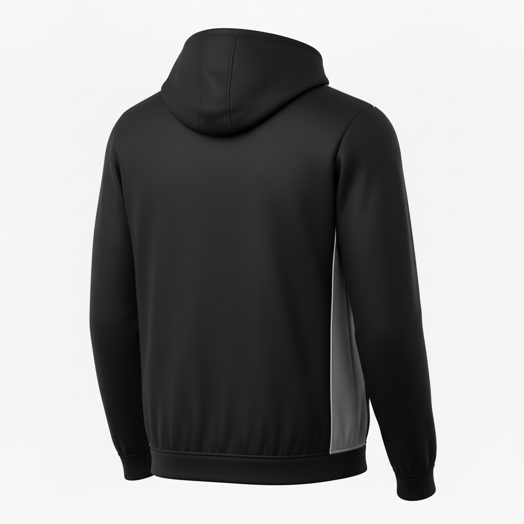 Back view of custom hockey hooded sweatshirt showing the printed team name